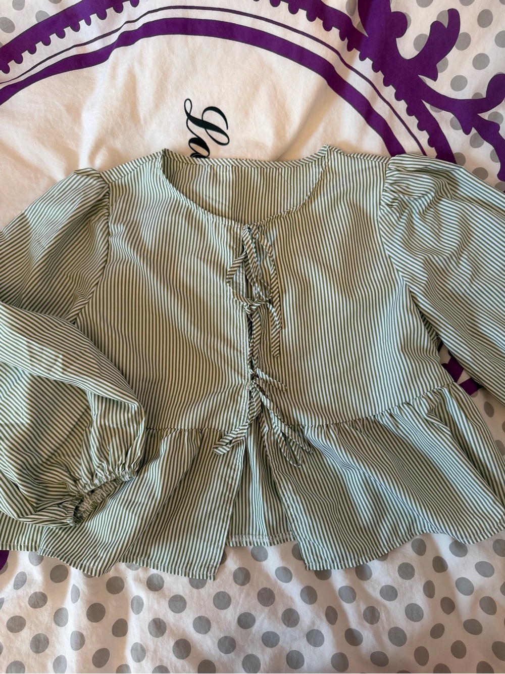 Striped Tie-Front Peplum Blouse - Green